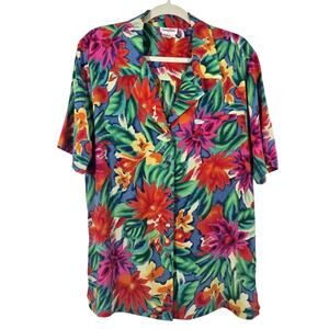 W Neiman Marcus Silk Button Down Shirt Vintage Women's Size L Hawaiian Floral